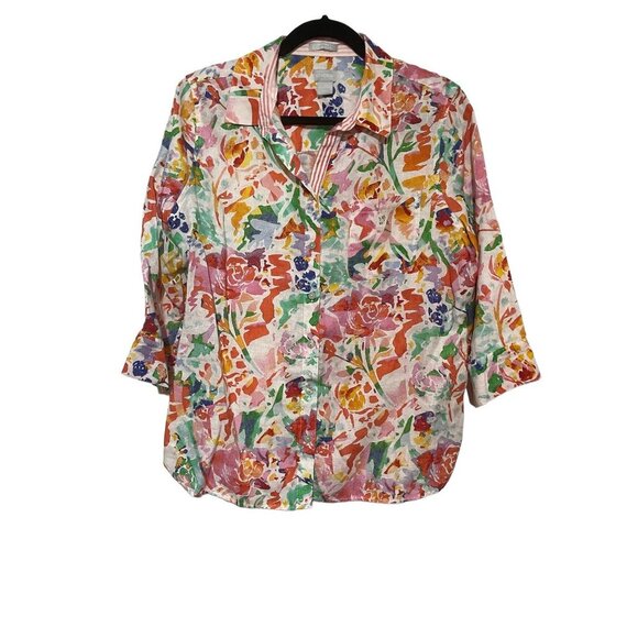 Chico's Women's Old Money Coastal Button Down Linen Floral Print Shirt Size 2 - Picture 1 of 5